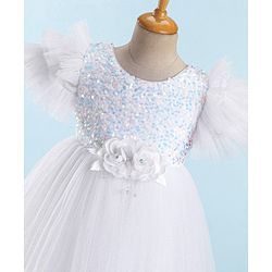 Babyhug Sleeveless  Glitter Printed Party Gown with Floral Applique - White