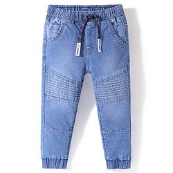 Babyhug Cotton Spandex Denim Full Length Washed Jogger With Stretch Solid Colour - Blue