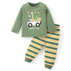 Babyhug Cotton Knit Full Sleeves Night Suit With Animals Print - Green
