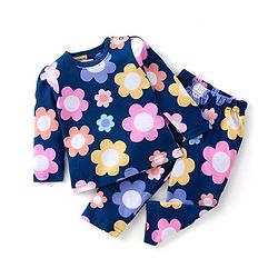 Babyhug Cotton Knit Full Sleeves Floral Printed Night Suit - Navy Blue