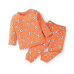 Babyhug Cotton Knit Full Sleeves Soccer Printed Night Suit - Orange