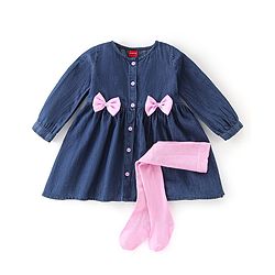 Babyhug Cotton Full Sleeves Frock with Bow & Leggings - Blue