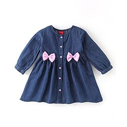 Babyhug Cotton Full Sleeves Frock with Bow & Leggings - Blue