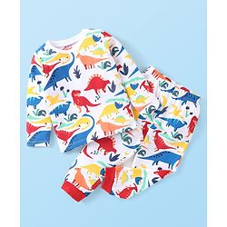 Babyhug Cotton Knit Full Sleeves Night Suit With Dino Print - White