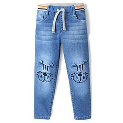 Babyhug Full Length Joggers With Stretch  & Bear Face Embroidered - Blue