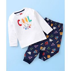 Babyhug Cotton Knit Full Sleeves Night Suit With Text Print - White & Navy Blue
