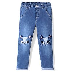 Babyhug Cotton Spandex Full Length Washed Stretchable Jeans with Kitty Applique - Blue