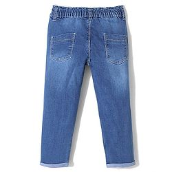 Babyhug Cotton Spandex Full Length Washed Stretchable Jeans with Kitty Applique - Blue