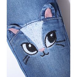 Babyhug Cotton Spandex Full Length Washed Stretchable Jeans with Kitty Applique - Blue