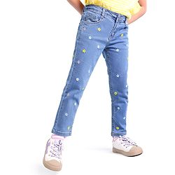 Babyhug Denim Full Length Jeans with Floral Embroidery with Stretch - Blue