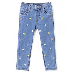 Babyhug Denim Full Length Jeans with Floral Embroidery with Stretch - Blue