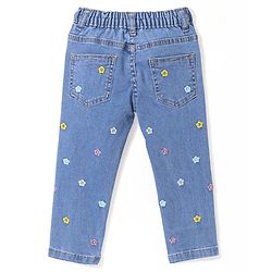 Babyhug Denim Full Length Jeans with Floral Embroidery with Stretch - Blue