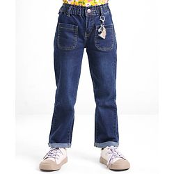 Babyhug Denim Full Length With Stretch Jeans Solid Colour With Unicorn Keychain - Blue