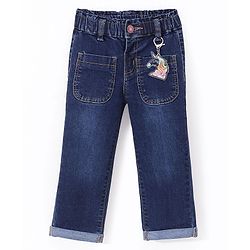 Babyhug Denim Full Length With Stretch Jeans Solid Colour With Unicorn Keychain - Blue