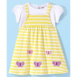 Babyhug Cotton Knit Half Sleeves Inner Tee with Frock Striped & Butterfly Embroidered - Yellow