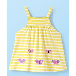 Babyhug Cotton Knit Half Sleeves Inner Tee with Frock Striped & Butterfly Embroidered - Yellow