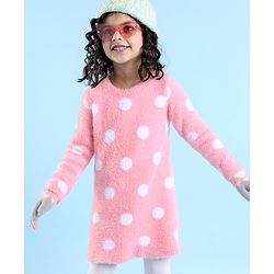 Babyhug Knit Full Sleeves Woollen Dress Polka Dot Design - Pink