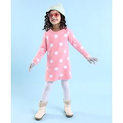 Babyhug Knit Full Sleeves Woollen Dress Polka Dot Design - Pink
