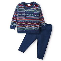 Babyhug Knitted Full Sleeves Sweater Set with Intarsia Design - Navy Blue