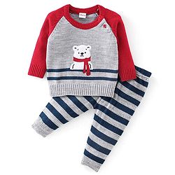 Babyhug Full Sleeves Sweater Set Striped Bear Patch - Grey