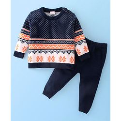 Babyhug Knitted Full Sleeves Floral Design Sweater Set -Multicolour