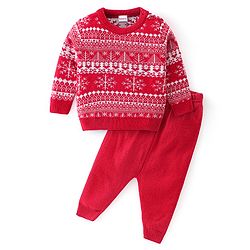 Babyhug Knitted Full Sleeves Snow Design Sweater Set - Red