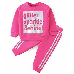Babyhug Cotton Knit Full Sleeves T-Shirt & Lounge Pant Set Text Printed - Pink