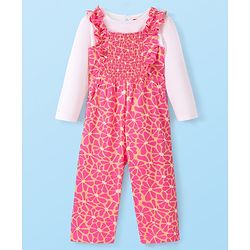 Babyhug 100% Cotton Knit Dungarees With Full Sleeves T-Shirt Floral Print - White & Pink
