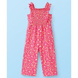 Babyhug 100% Cotton Knit Dungarees With Full Sleeves T-Shirt Floral Print - White & Pink