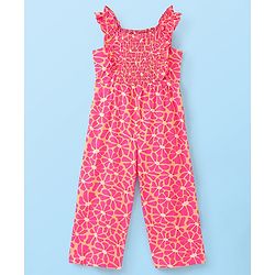 Babyhug 100% Cotton Knit Dungarees With Full Sleeves T-Shirt Floral Print - White & Pink