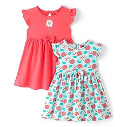 Babyhug Cotton Knit  Half Frill Sleeves Frocks Apple Print Pack of 2 - Multicolor