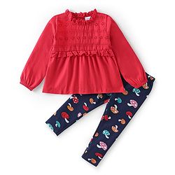 Babyhug 100% Cotton Knit Full Sleeves Top & Leggings Set With Mushroom Print - Red & Navy Blue
