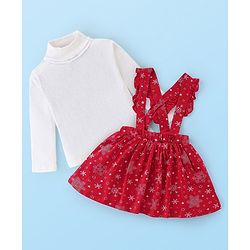 Babyhug Cotton Knit Full Sleeves Skivi Top and Skirt with Suspenders Snow Flake Print - White & Red