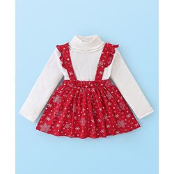 Babyhug Cotton Knit Full Sleeves Skivi Top and Skirt with Suspenders Snow Flake Print - White & Red