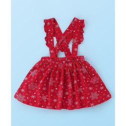 Babyhug Cotton Knit Full Sleeves Skivi Top and Skirt with Suspenders Snow Flake Print - White & Red