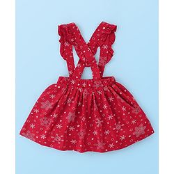 Babyhug Cotton Knit Full Sleeves Skivi Top and Skirt with Suspenders Snow Flake Print - White & Red