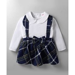 Babyhug 100% Cotton Knit Full Sleeves With Top & Skirts Checkered - White Navy Blue & Green