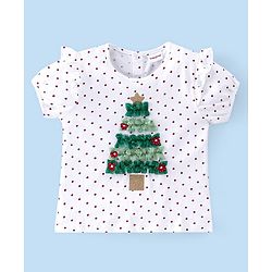 Babyhug Cotton Knit Half Sleeves Top & Skirt Set with Tree Applique & Polka Dots Print - White & Red