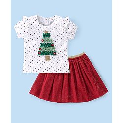 Babyhug Cotton Knit Half Sleeves Top & Skirt Set with Tree Applique & Polka Dots Print - White & Red