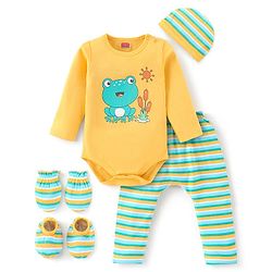 Babyhug 100% Cotton Onesies with Leggings and Cap Mittens Booties With Frog Print & Striped - Yellow & Green
