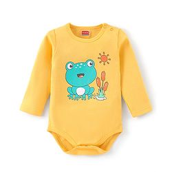 Babyhug 100% Cotton Onesies with Leggings and Cap Mittens Booties With Frog Print & Striped - Yellow & Green