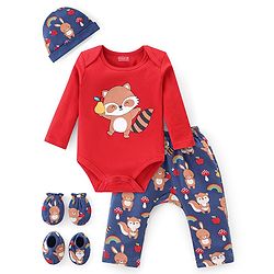 Babyhug 100% Cotton Knit Full Sleeves Onesie with Pajama Cap Mittens & Booties Racoon Print - Red & Blue