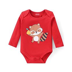 Babyhug 100% Cotton Knit Full Sleeves Onesie with Pajama Cap Mittens & Booties Racoon Print - Red & Blue