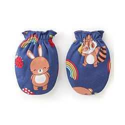 Babyhug 100% Cotton Knit Full Sleeves Onesie with Pajama Cap Mittens & Booties Racoon Print - Red & Blue