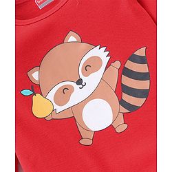 Babyhug 100% Cotton Knit Full Sleeves Onesie with Pajama Cap Mittens & Booties Racoon Print - Red & Blue
