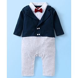 Babyhug Cotton Knit Full Sleeves Solid Party Wear Romper with Bow Tie - Navy Blue & Grey Melange