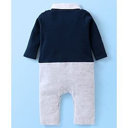 Babyhug Cotton Knit Full Sleeves Solid Party Wear Romper with Bow Tie - Navy Blue & Grey Melange
