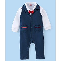 Babyhug Cotton Full Sleeves Romper Solid Colour - Navy Blue & White