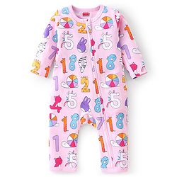 Babyhug 100% Cotton Knit Full Length Number Print Romper - Pink