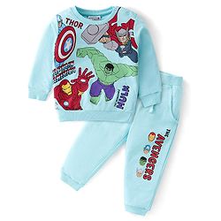 Babyhug Cotton Knit Full Sleeves T-Shirt & Lounge Pant Set The Avengers Print - Blue